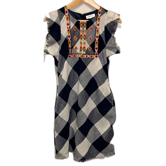 THML Navy White Large Check Frayed SS Boho Embroidered Knee Length Dress Size M - Picture 3 of 16